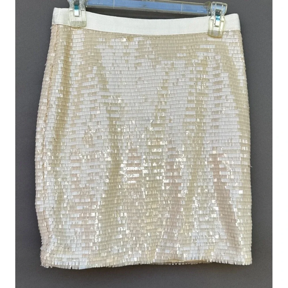 Cache Ivory Sequin Shimmer Mini Skirt Party‎ Glam Chic Sparkly Y2K Festival Sz 4